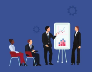 people at business meetings in front at flip chart